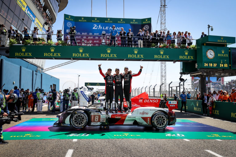 TOYOTA GAZOO Racing. World Endurance Championship. Le Mans 24 Hours Race Le Mans Circuit, France 6th to 12th June 2022 Podium and race winner celebrations Sebastien Buemi (SUI) ryp and Brendon Hartley (NZL)