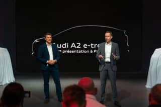 Audi A2 e-tron at the Paris Motor Show - Efficient electric mobility for Europe: Robert Breschkow, Managing Director Audi France, and Rouven Mohr, Member of the Board of Management for Technical Development at AUDI AG, with the A2 e-tron at the Paris...