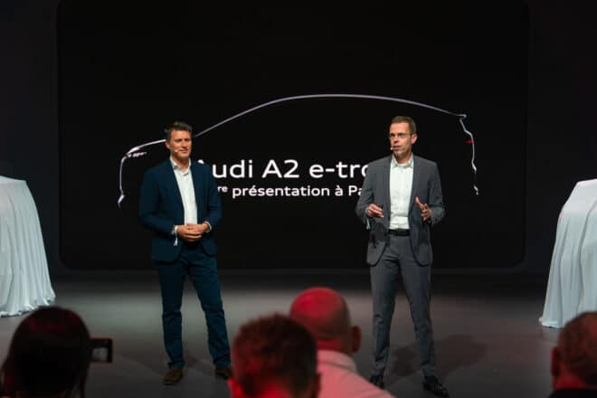 Audi A2 e-tron at the Paris Motor Show - Efficient electric mobility for Europe: Robert Breschkow, Managing Director Audi France, and Rouven Mohr, Member of the Board of Management for Technical Development at AUDI AG, with the A2 e-tron at the Paris...